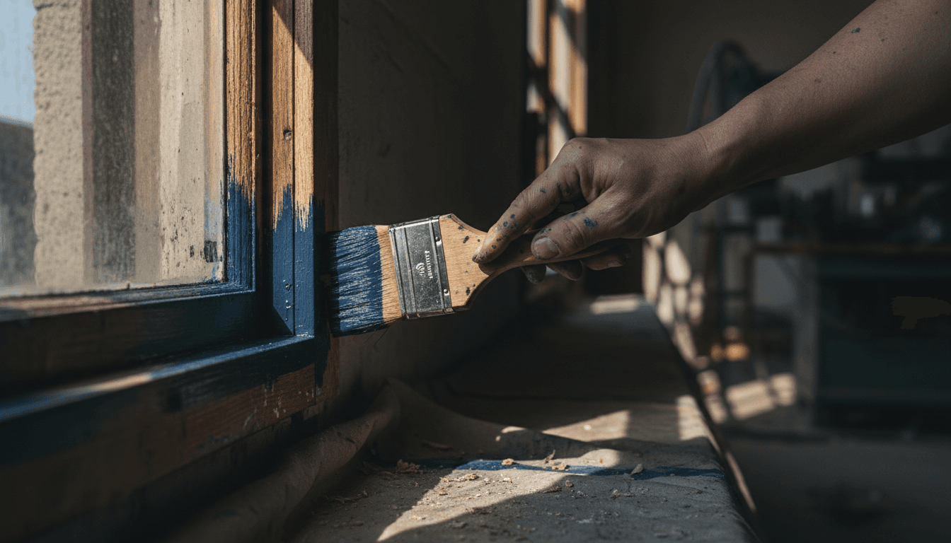 Industrial documentary style horizontal shot of a painter's hand