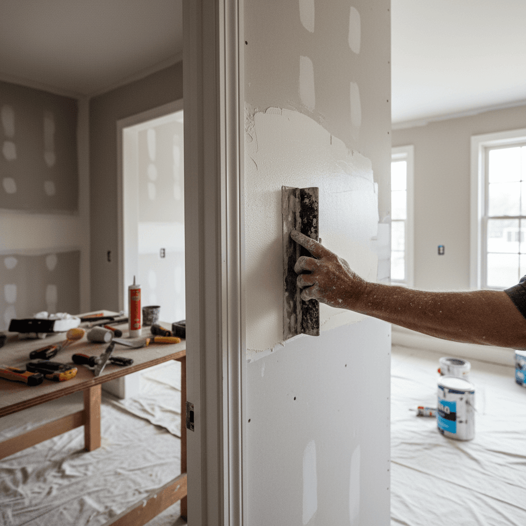 Painter sanding drywall patch in residential interior