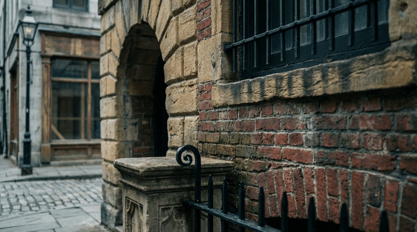 A low-key, documentary-style horizontal wide shot of the exterior of a classic brick house
