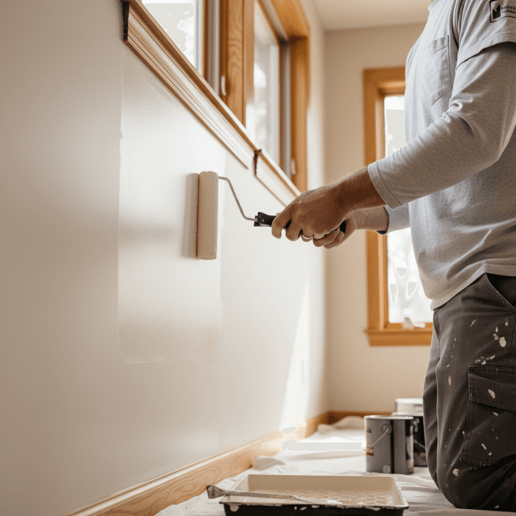 Paint roller applying paint to a wall with a drop cloth on the floor