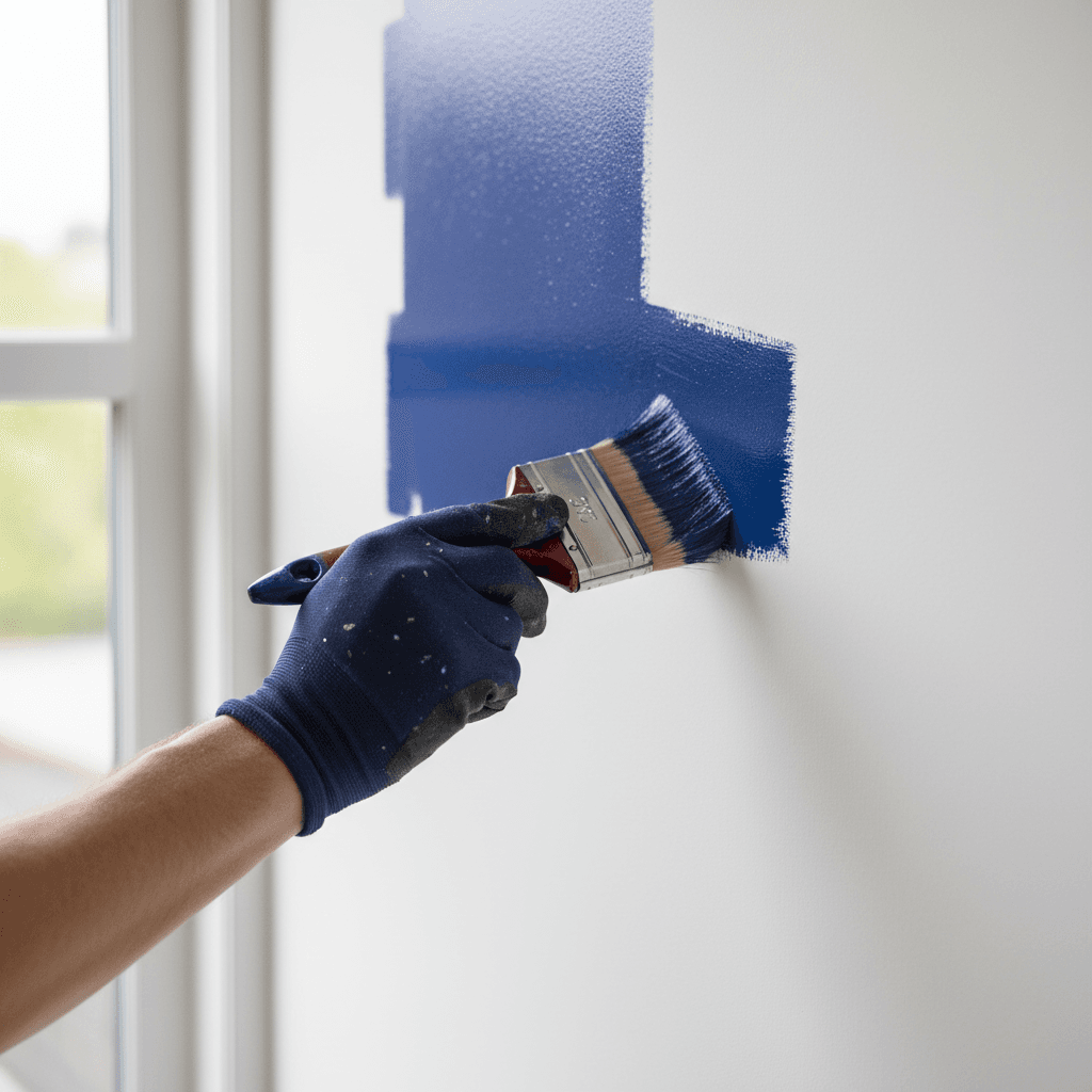 Painter's hand holding a paintbrush with fresh paint
