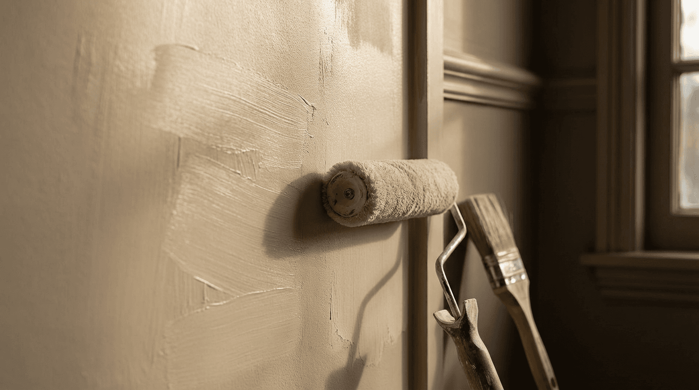 Painter's hands applying paint to a wall with natural window light