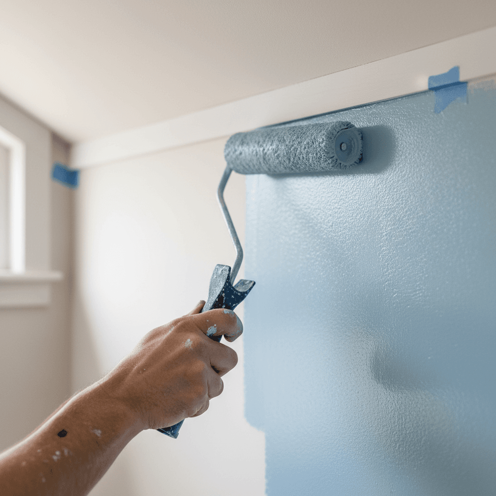 Close-up of paint roller on a primed wall